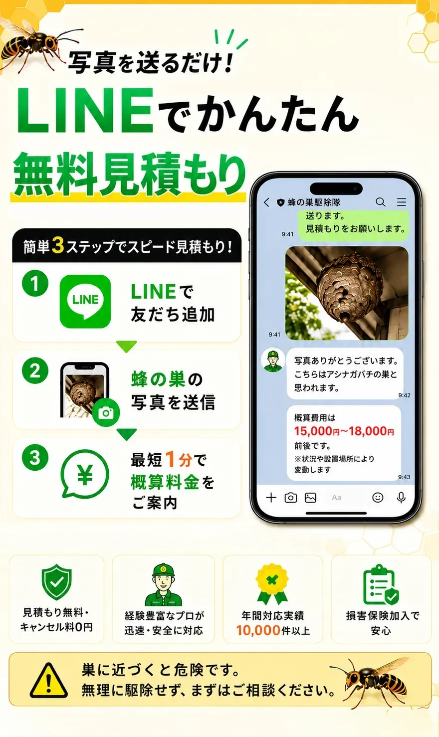 写真を送るだけ！LINEでかんたん無料見積もり／簡単3ステップでスピード見積もり！①LINEで友だち追加 ②蜂の巣の写真を送信 ③最短1分で概算料金をご案内／概算費用は15,000円〜18,000円前後です（状況や設置場所により変動します）／見積もり無料・キャンセル料0円／経験豊富なプロが迅速・安全に対応／年間対応実績10,000件以上／損害保険加入で安心／巣に近づくと危険です。無理に駆除せず、まずはご相談ください。